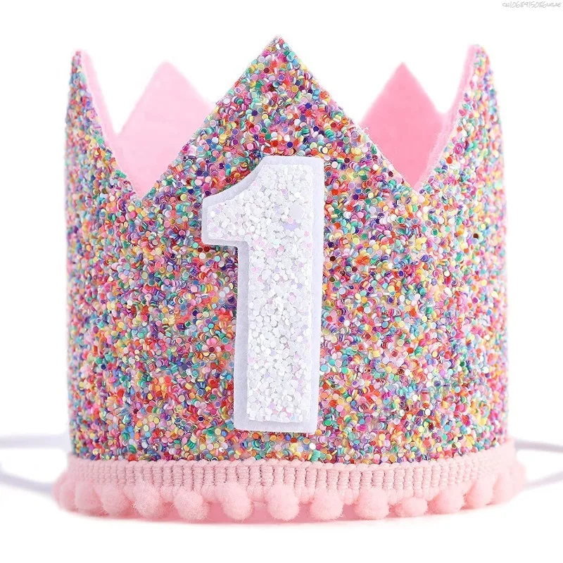1 Year Old Baby Birthday Party Pink Crown ONE First 1st Color Powder Crown Happy Birthday Party Hat Kids Girl Baby Shower Decor