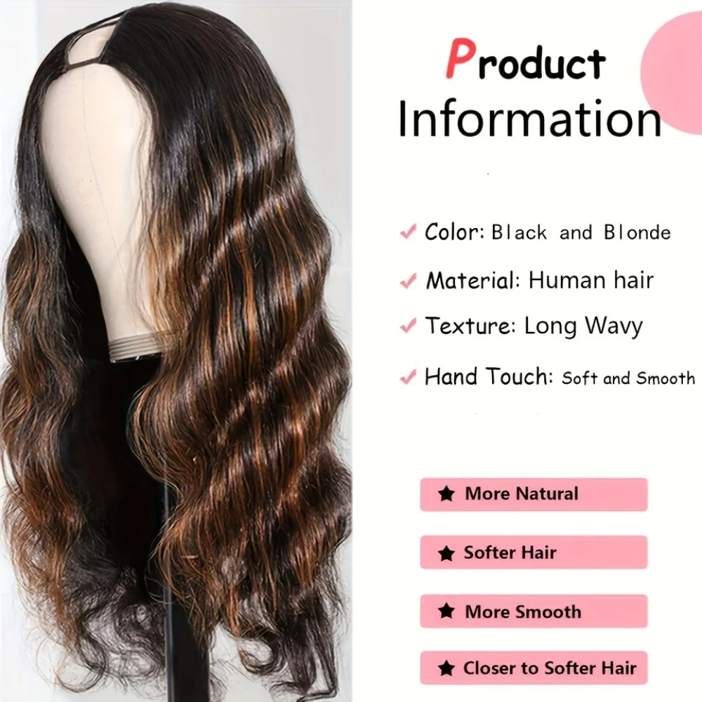 Body Wave V Part Human Hair Wigs 1B/30 Highlight 30 Inch V Part Wig Human Hair Glueless Wear And Go For Black Women 250% Density