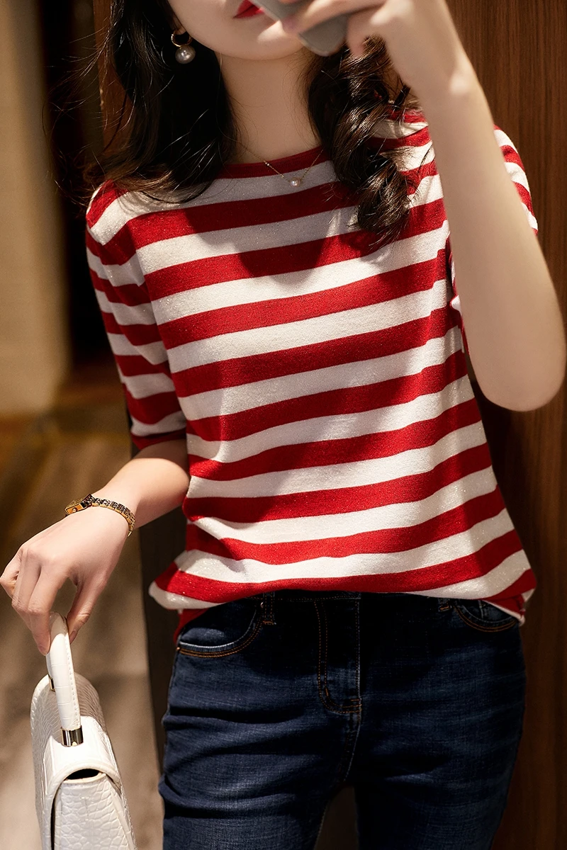 

Women's T-Shirt Summer Worsted Wool Sweater Short Sleeve Striped Knitwear Round Neck Ladies Tops Loose Blouse Pullover Tees