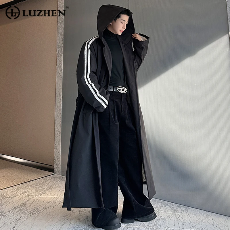 

LUZHEN Hooded Lace-up Belt Decorate Men Long Trench Coat Stripe Splicing Outerwear Stylish Male Windbreaker 2024 Elegant C59392