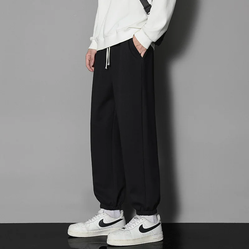 Spring Solid Color Fashion Elastic Waist Sweatpants Man High Street Casual Drawstring Pockets Thin Style Ankle Length Trousers