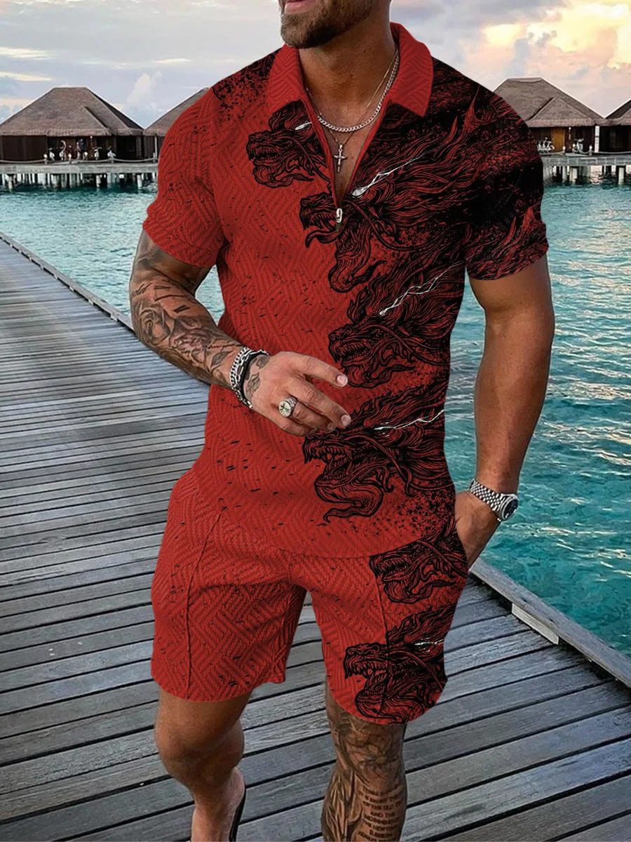 Vintage Hawaii Polo 2Pcs Sets 3D tiger print Polo shirt 2pcs
