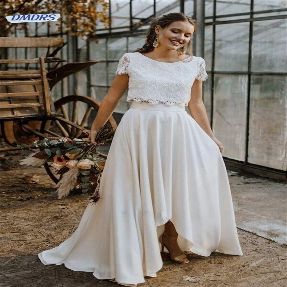 

Simple Lace Floor-length Wedding Dress Classic O-neck Short Sleeve A-line Bridal Gown Beach Vestidos De Novia