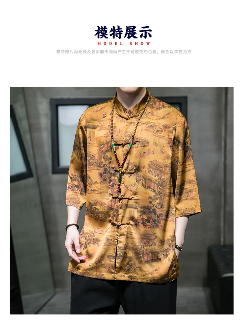 luxus herren bekleidung hemden herren summer clothes for men Sommer Eis Seide männer Landschaft Druck Kung Fu Hemd Tops Plus Größe männer Halbe hülse Hemd Elegante tang Disc Schnalle Hemd – Detail 11