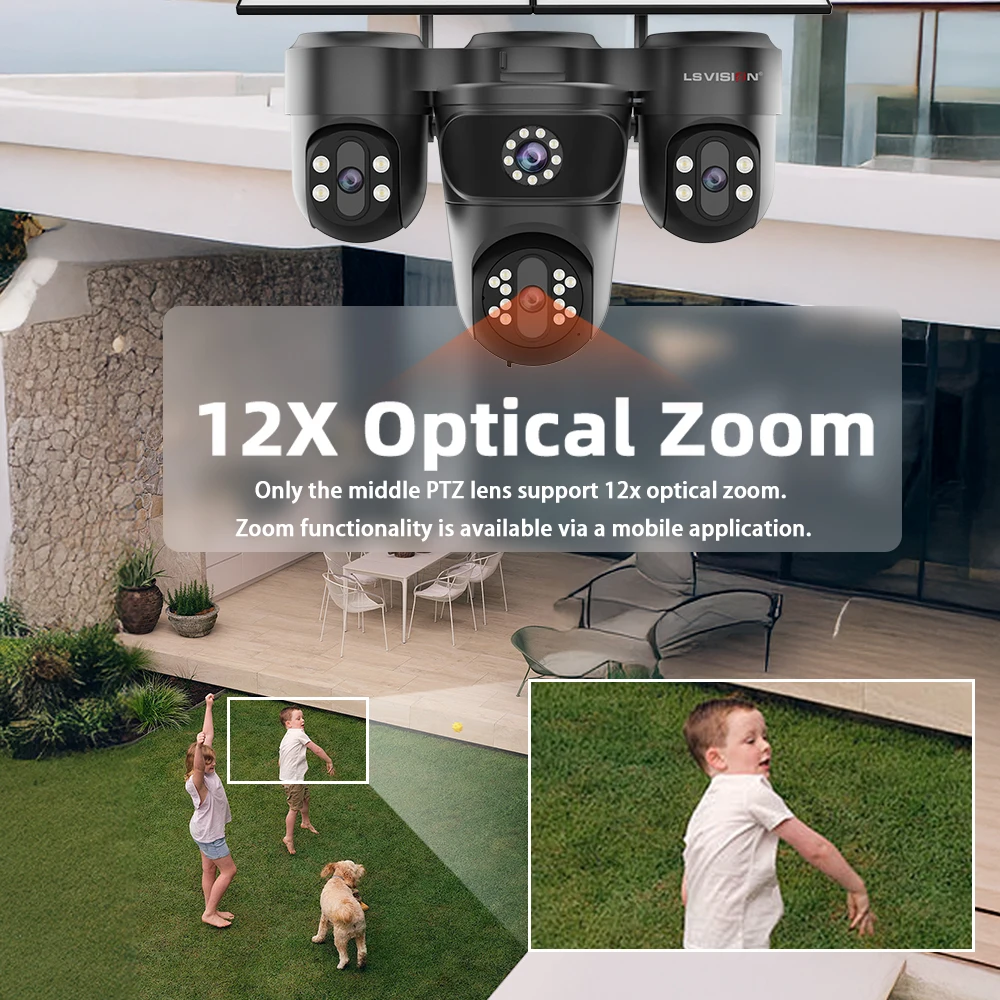 LS VISION 20MP Three PTZ Four Screens 4G AOV Solar Camera 12X Optical Zoom 24/7 Video Recording Auto Zoom Tracking CCTV Cameras 3