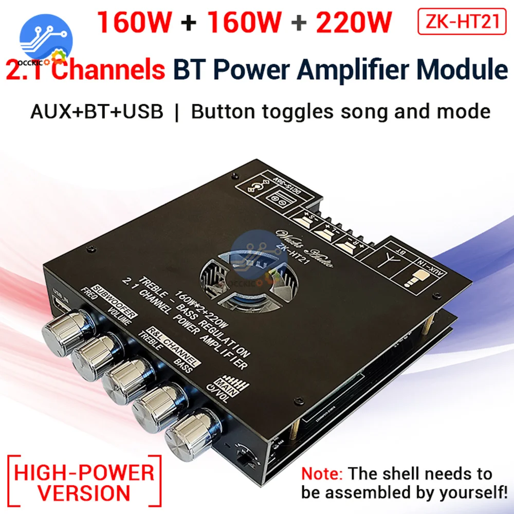 Módulo Amplificador de Potência Digital Bluetooth de Tom Alto e Baixo Subwoofer de Tom Alto e Baixo Zk-ht21 160 Wx2 Mais 220w Tda7498e 2.1 Canais
