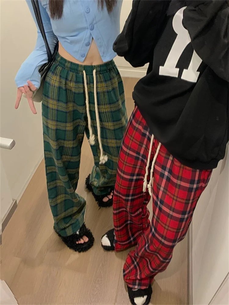 

Deeptown Korean Style Red Plaid Pants Women Y2K Vintage Green Oversized Wide Leg Checkered Trousers Harajuku Jogging Sweatpants