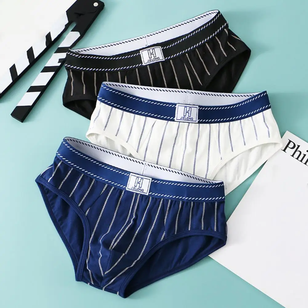 

Men Casual Briefs Striped Pattern Elastic Wide Waistband Mid-rise Panties 3D U-convex Breathable Stretchy Underwear Underpants