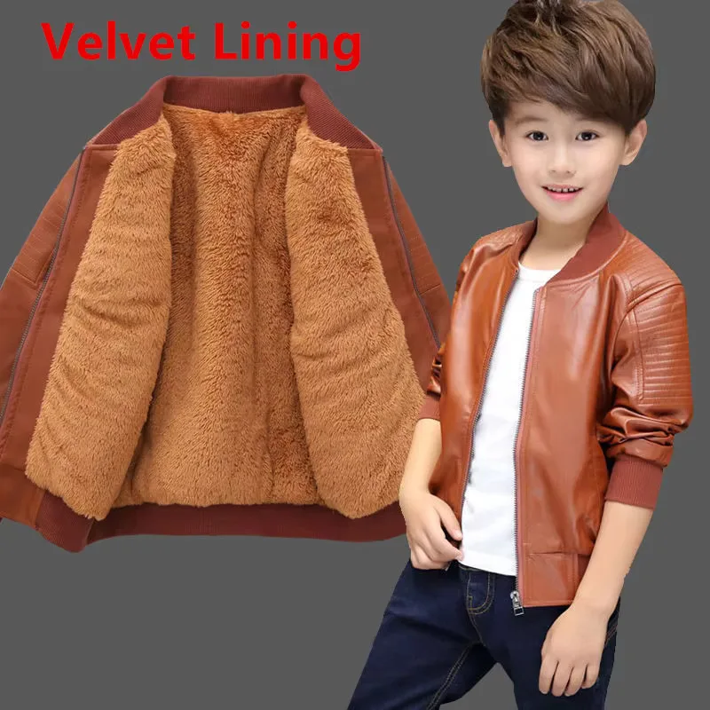 Children's Fashion PU Leather and Cotton Jacket – Two Styles With or Without Velvet – Winter Warmth