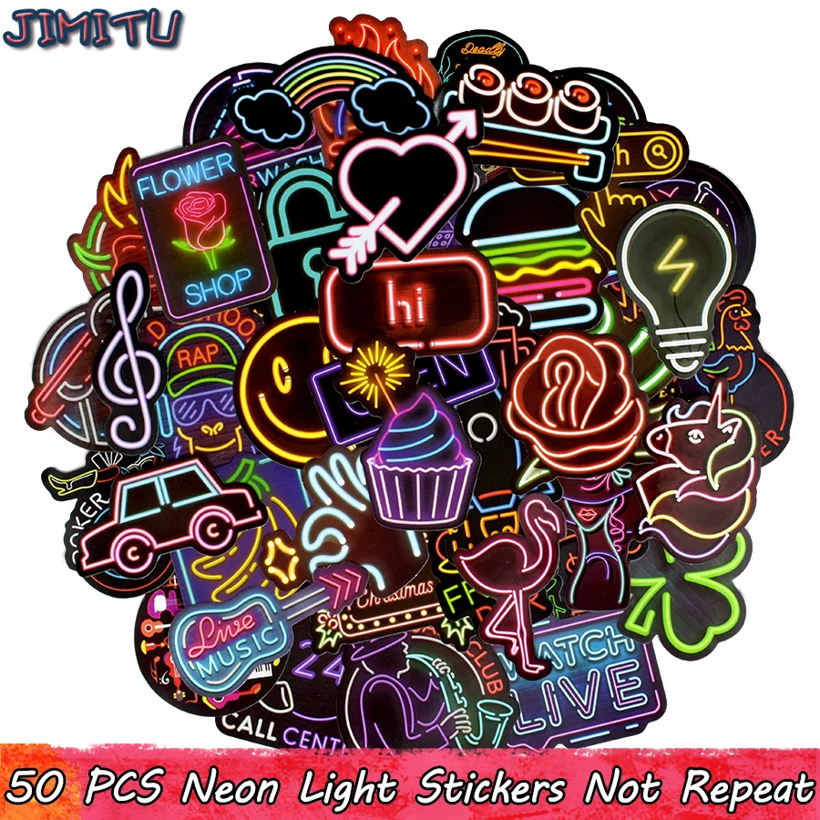 50 PCS Neon Light Sticker Anime Icon Animal Cute Decals Stickers Gifts for Children to Laptop Suitcase Guitar Fridge Bicycle Car 10 30 50pcs bungou stray dogs anime sticker scrapbook bike mobile laptop kids toys diy car guitar fridge decal decor stickers