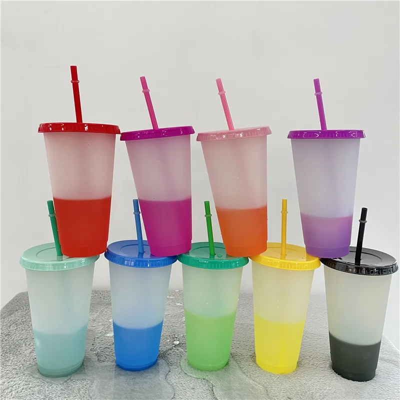 10Pcs Color Changing Plastic Cups Food Grade Straw Tumbler With Lid 710Ml Large Capacity Cold Drinking Cup Fashion Water Bottle