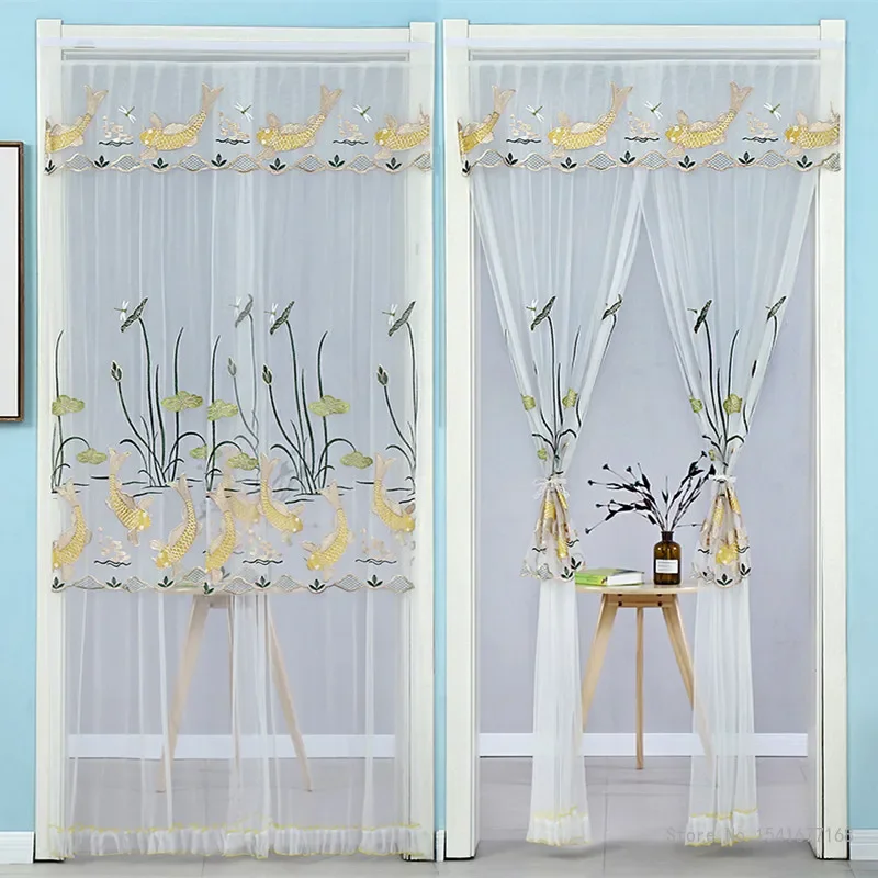 Punch-free Mosquito Screen Curtain Door Curtain, Breathable Bedroom Partition Curtain Double Layer Lace Embroidered Door Curtain