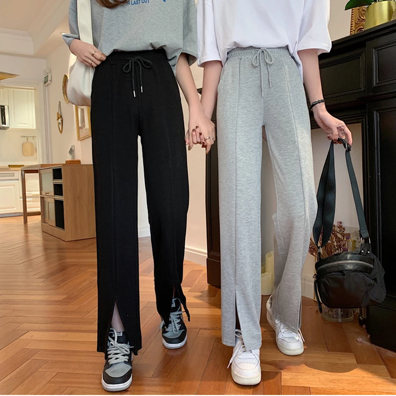 Split Wide Leg Pants Women's 2021 New High Waist Drape Thin Versatile Loose Straight Casual Sports Trousers for Female plaid pants