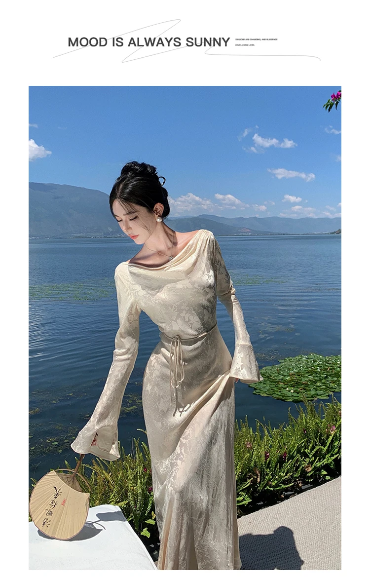 French Vintage Evening Dresses for Women Autumn Bodycon Wedding Prom Robe Flare Sleeve Swinging Collar Midi Vestidos Mujer New