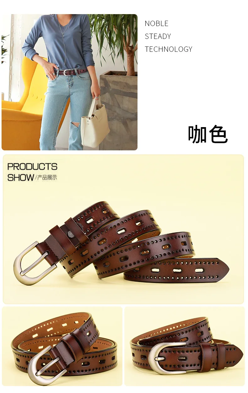 Genuine Leather Authentic Female Belt Fashion Hollow Natural Cowhide Brown Red Belts For Women Leather Thin Belt brown dress belt