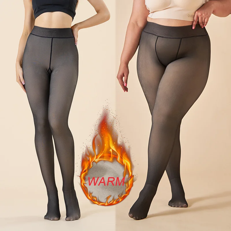 Large Size Women's Warm Tights For Winter Elastic High Waisted Fleece Insulated Leggings Thermal Stockings Woman Sexy Pantyhose 2