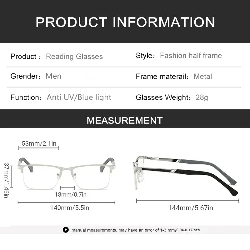 Reading Glasses Men's Half-frame Business Anti-blue Light Anti-fatigue Metal Frame Presbyopia +1.0 To +4.0