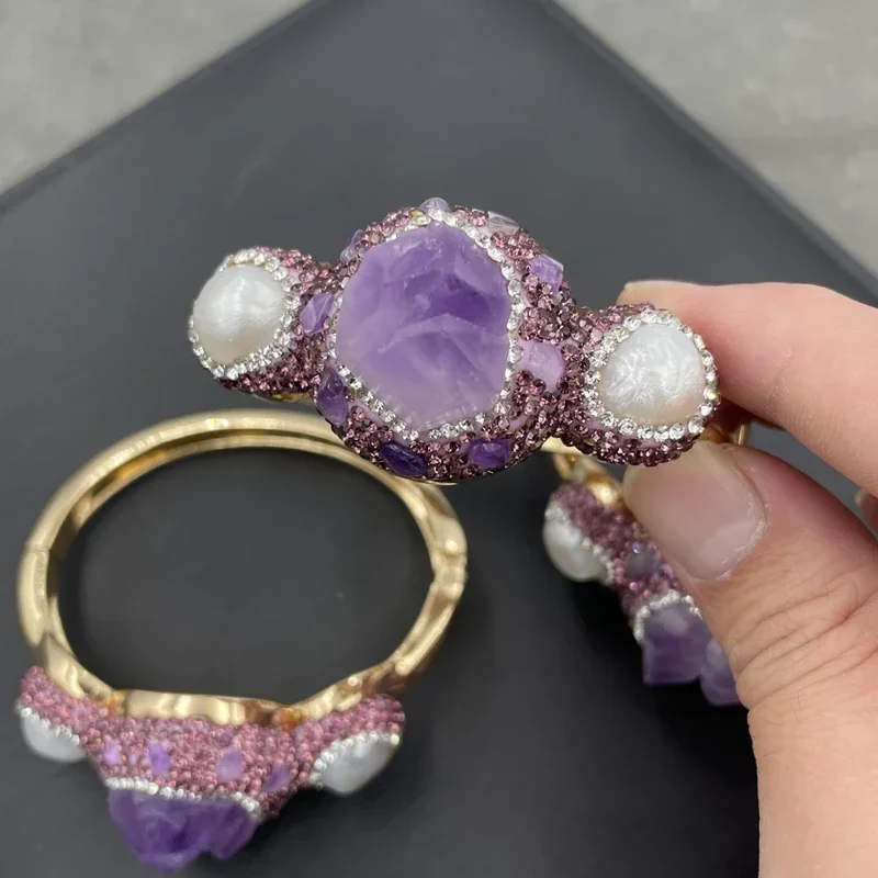 Natural Amethyst Baroque Freshwater Pearl Cuff Bracelet Turkish Crystal Quartz Exquisite Women's Banquet Jewelry Accessories