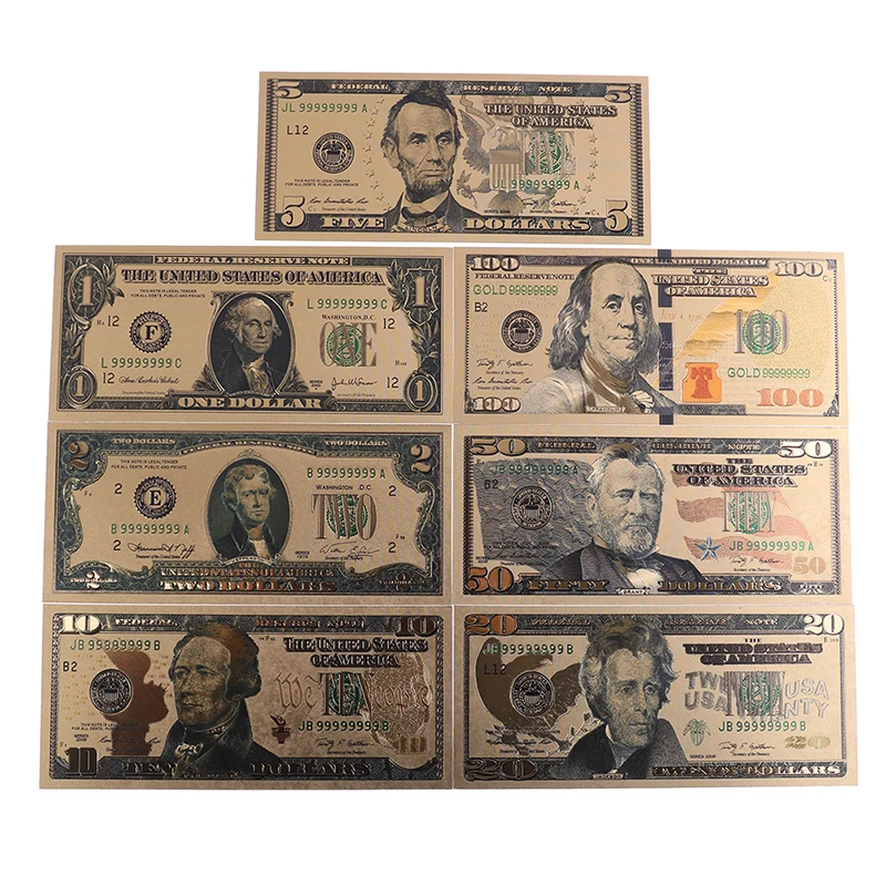 7Pcs/Set 24K Gold Plated Souvenir Home Decoration Realistic Banknotes Dollars Antique Plated High Quality Commemorative Notes