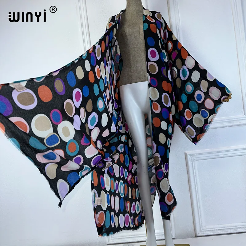 WINYI 아프리카 추상화 프린트 해변 커버 업, 기모노 의상, 맥시 원피스 가디건, 여성 비치웨어, 2024 아바야, 두바이, 럭셔리, 여름