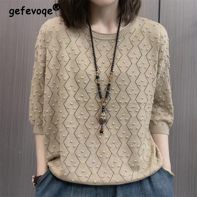 

Women's Simple Casual Streetwear Hollow Dot Jacquard Knitwear Vintage Trendy Round Neck 3/4 Sleeve Loose All Match Pullover Tops