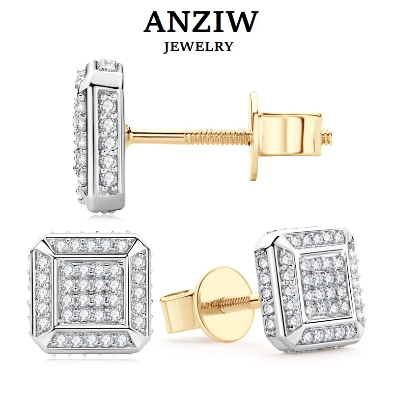 Anziw 10K Gold Square Stud Earrings Hip Hop Iced Out Micro Full Pave Moissanite Piercing Jewelry Silver 925 for Men Women Gift