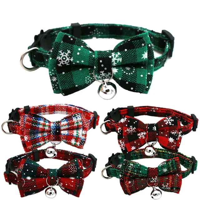 Pet Breakaway Cat Collar Bow Tie And Bell Cute Plaid Christmas Red Elastic Adjustable Dog Collar With Sash Small Bell For Cats 2
