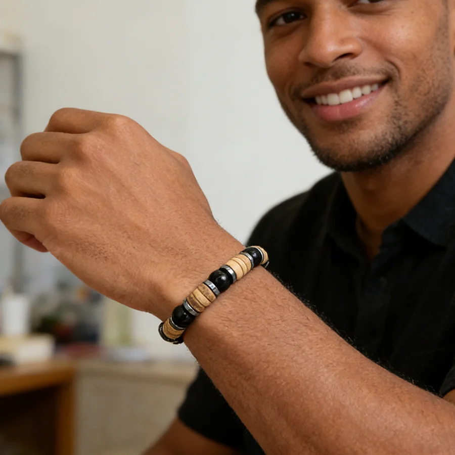 Noter Stilvolles Armband aus natürlichen Kokosnussperlen für Herren, vulkanisches Gestein, Tigeraugen, Obsidian, Energie, Meditation, Heilung, Braslet Hombre