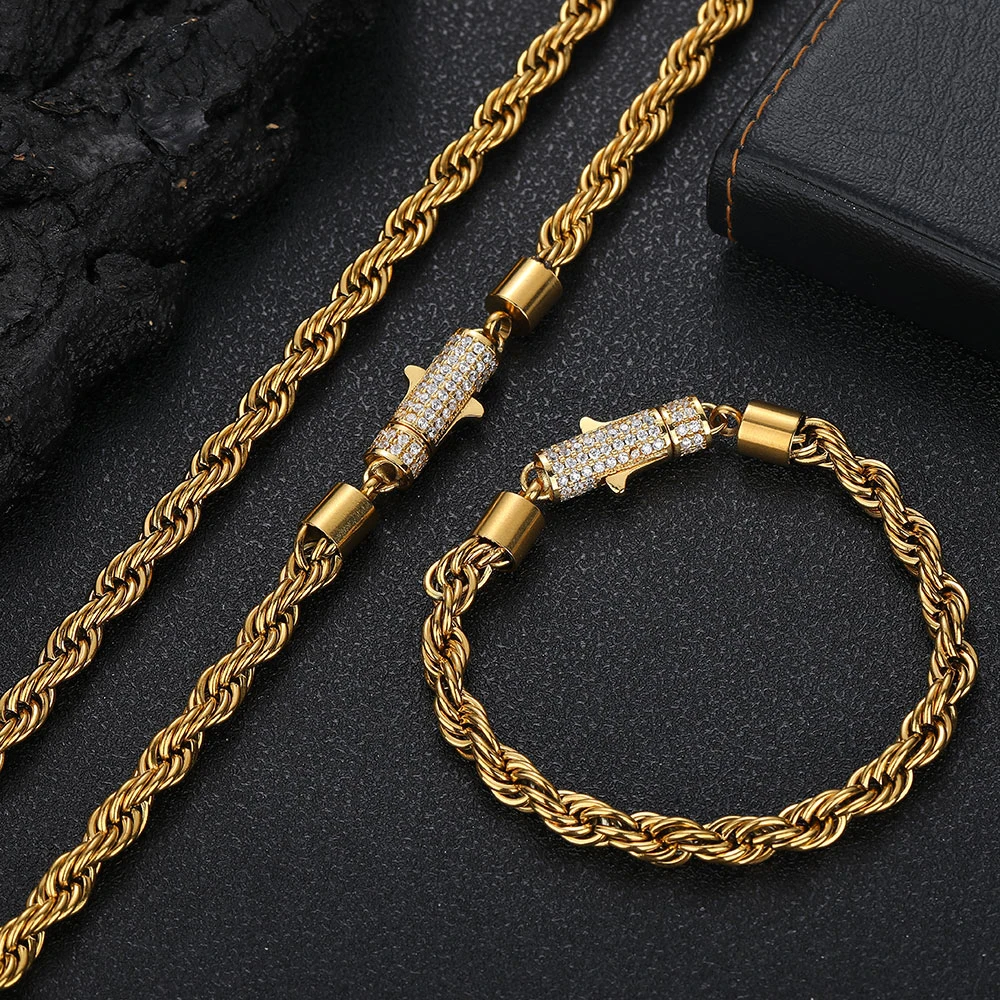 NUOYA New Style 6mm Iced Out Clasp Twist Chain 18k Gold Plated Stainless Steel Rope Chain Necklace For Men Women