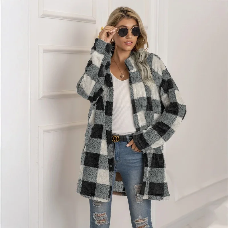 Autumn Winter Warm Plaid Furry Coats Women Lapel Single Breasted Fake Fur Jackets Office Lady Chic Casual Loose Fleece Outwears