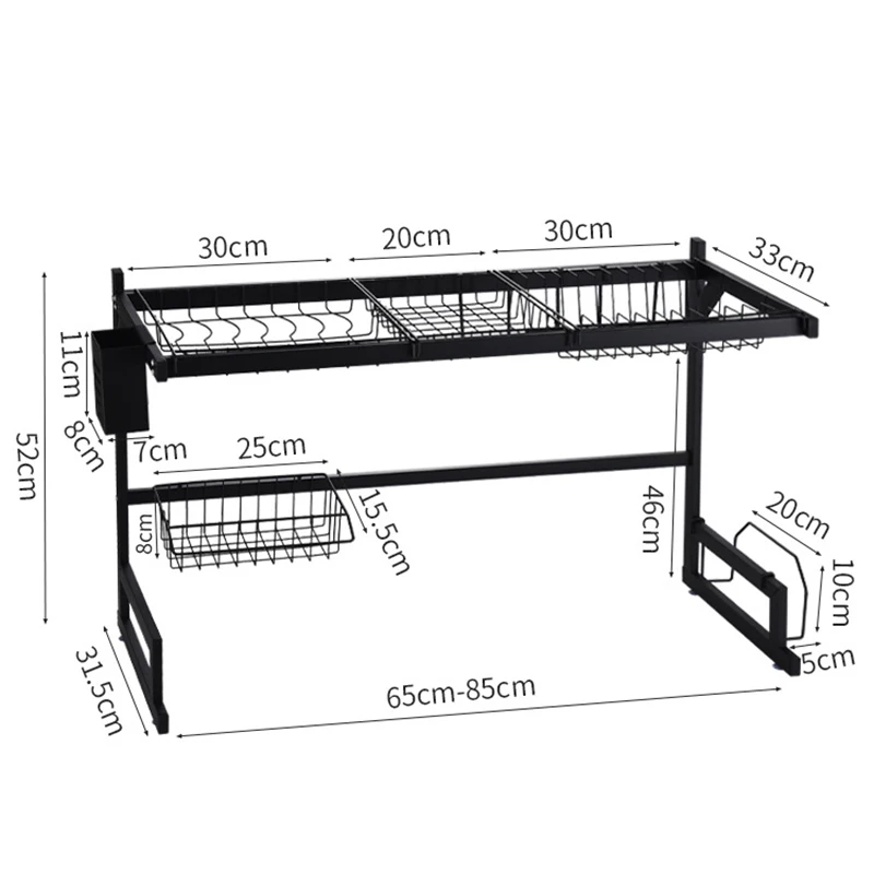 65/85cm Kitchen Shelf Storage Holders Over Sink Stainless Steel Bowl Dish  Rack Organizer Utensils Storage Supplies In Black