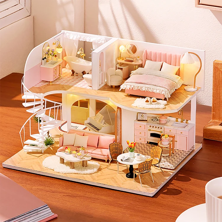 3D Wooden Mini Doll House Assembly Building With Furniture Kit DIY Handmade Duplex Apartment Production Toys Birthday Gifts