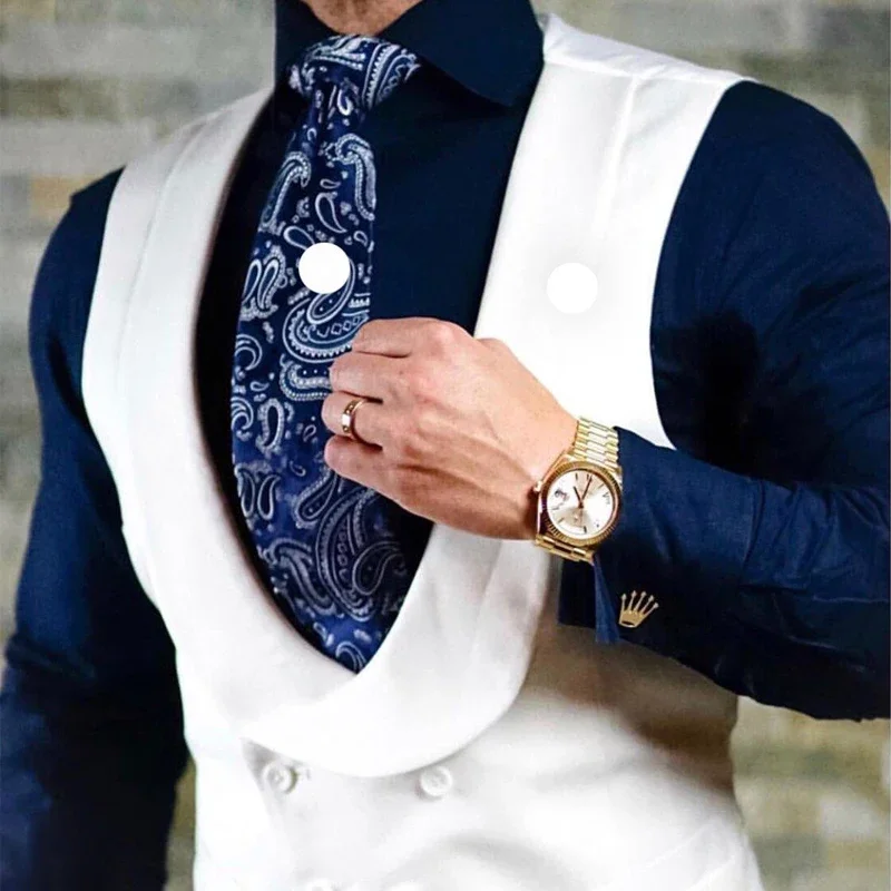 White Men Vest with Double Breasted for Wedding Groom Slim Fit One Piece Custom Casual Waistcoat V Neck Groomsmen Suit Coat 2