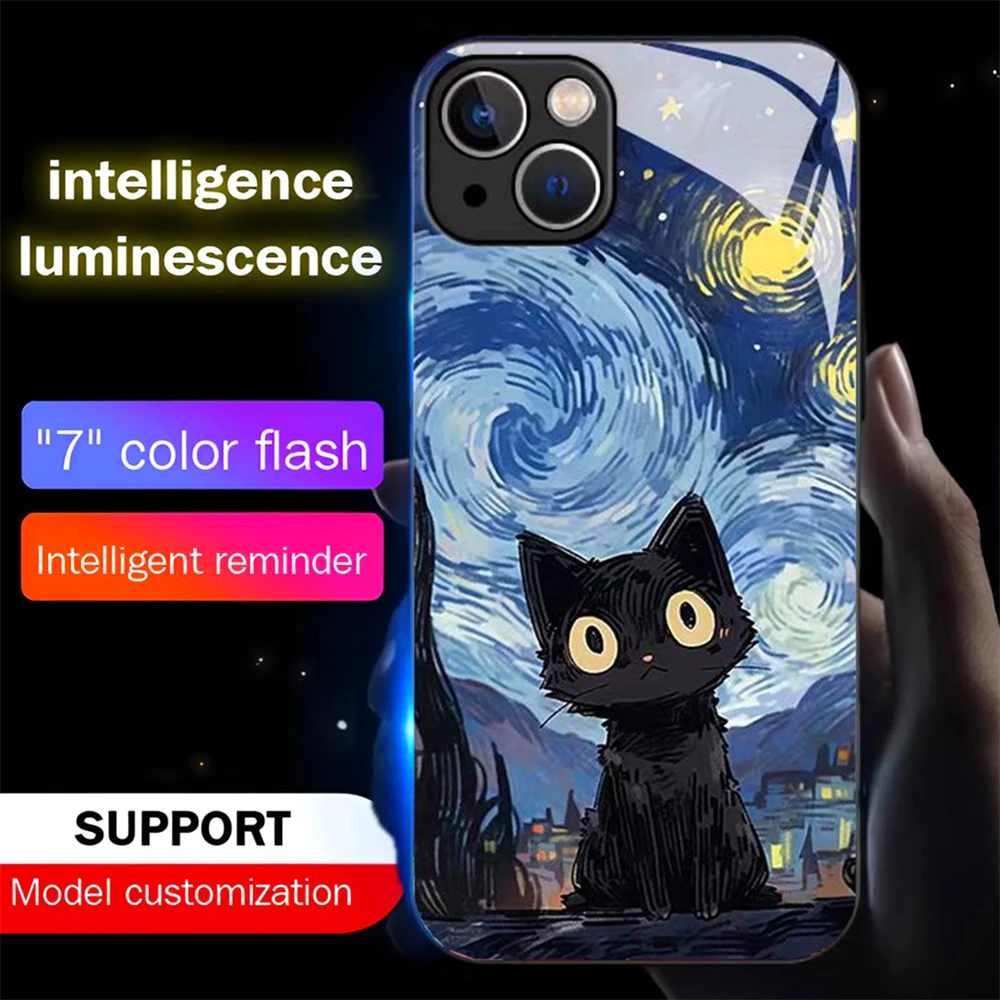 Schwarze Katze Ölgemälde Soundgesteuerte LED-Blitzhülle Leuchtende Glasabdeckung für Samsung S26 S25 S24 S23 S22 S21 S20 FE Plus Ultra – Detail 11