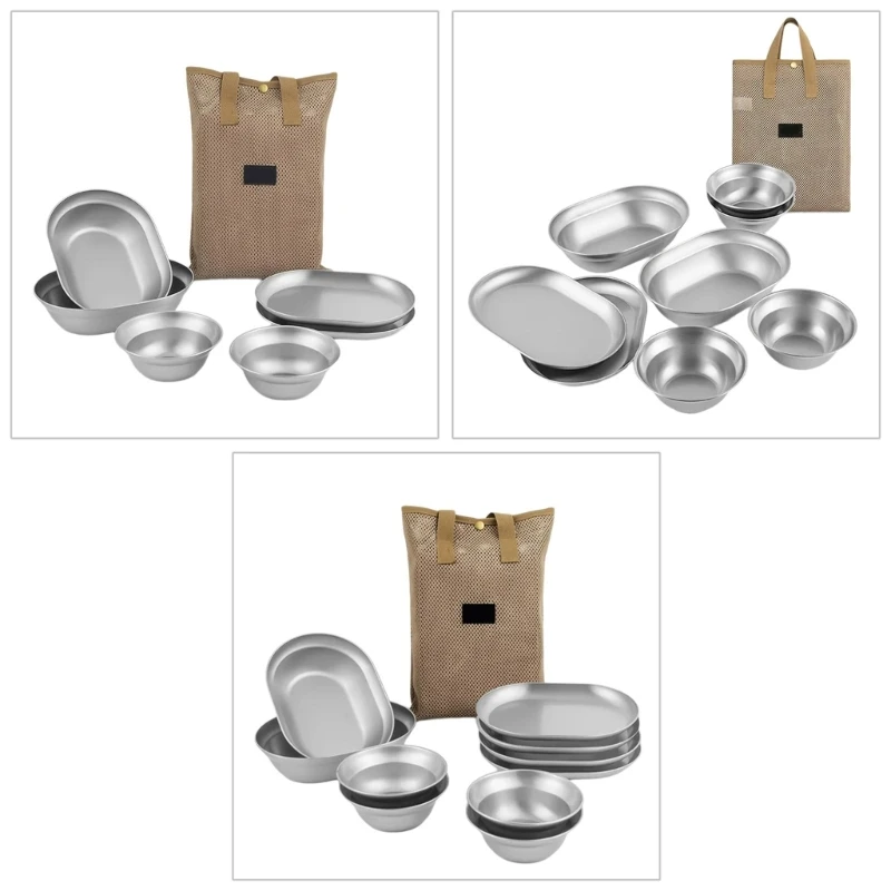 

C7AD 6/8/10PCS Convenient Camping Plates Metal Dishes for Picnics Stainlesss Steel Tablewares Reliable Dinnerwares Plate