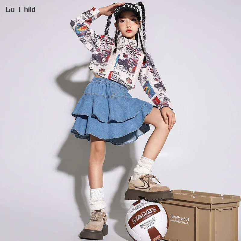 

Hip Hop Girls Graffiti Shirt Layered Denim Skirt Child Crop Blouse Street Dance Cargo Pants Jazz Clothes Sets Kids Streetwear