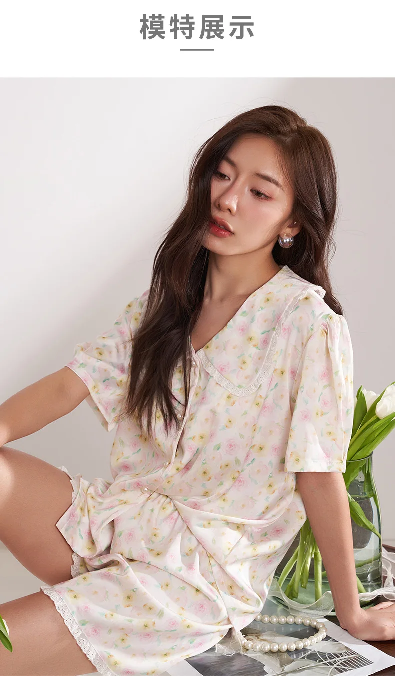 CRLAYDK 2023 Summer Flower Pamas Set for Women  Short Sleeve Satin Silk Button Down Sleepwear Bride Soft Pjs Loungewear_voghion.com