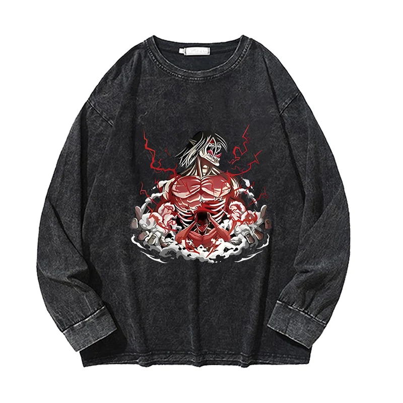 

Newest Attack On Titian Acid Washed Anime Hoodies Eren Yeager Print Sweatshirts Harajuku Streetwear 100% Cotton Unisex Pullovers