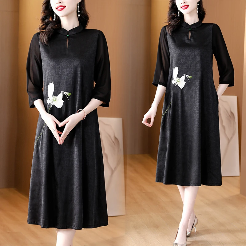 

2023 Summer Chinese cheongsam Middle-Aged National style Flower Print Loose Casual Women's clothing one-piece dress T21
