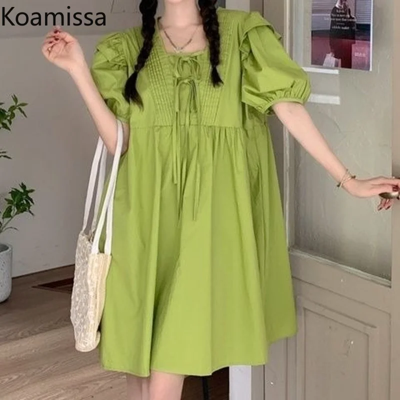 

Koamissa Solid Women Sweet Mini Dress Short Sleeve Draped Bandage Bow Short Dresses Loose Student A Line Vestido Korean New Robe