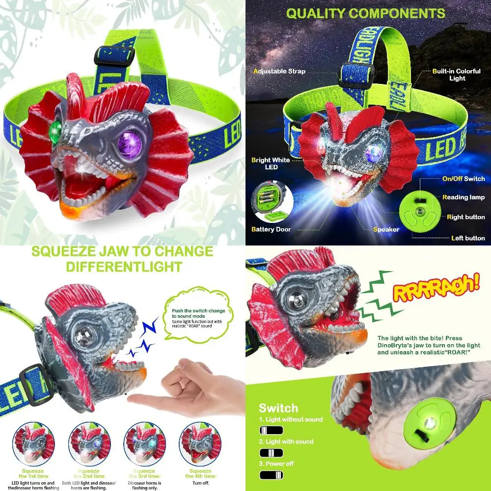High-quality, long-lasting LED headlamp for kids. Unique dinosaur design with adjustable strap for a comfortable fit. Explore in