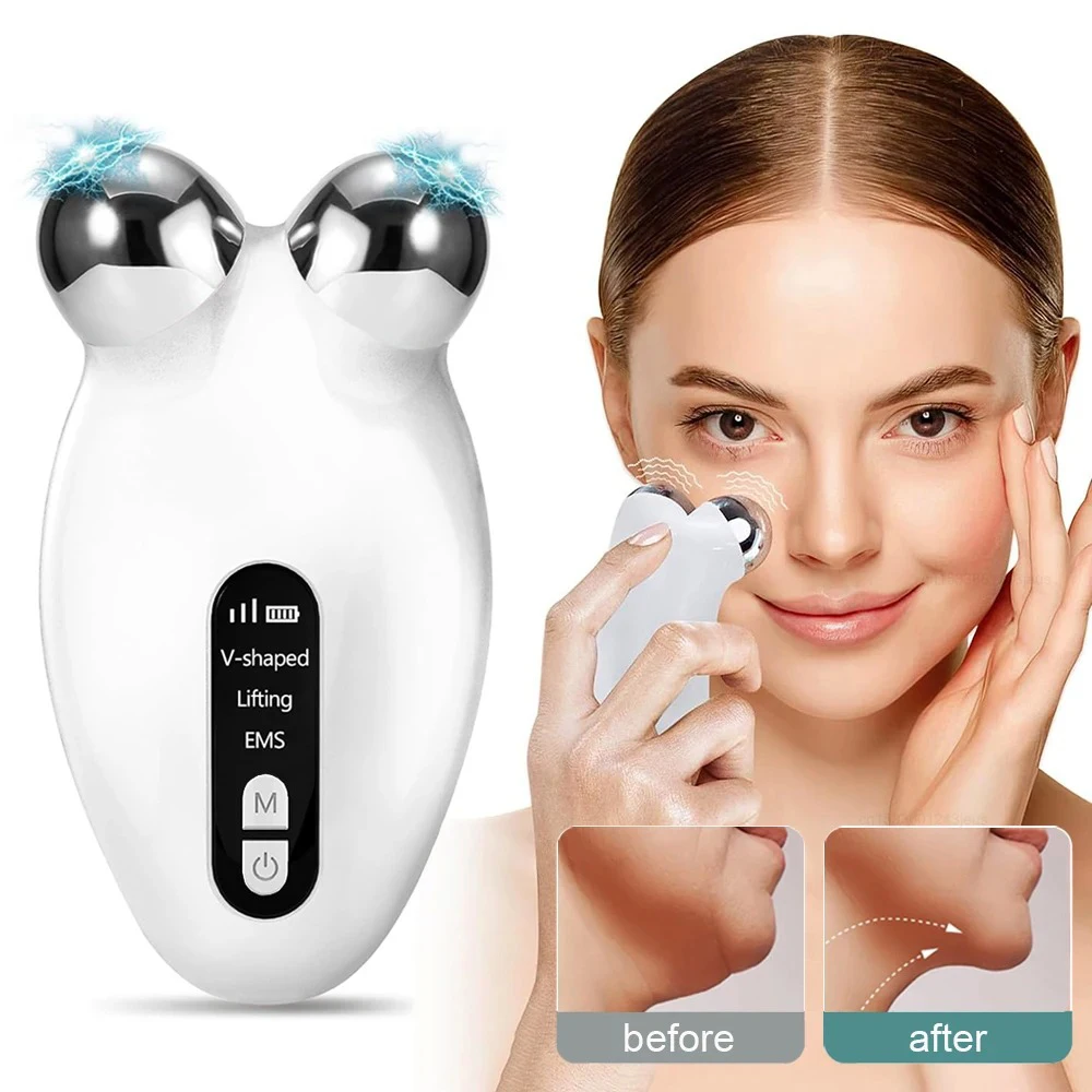 Face Lifting 3D Roller Massager Machine EMS Microcurrent Blue Red Light Therapy V Shaped Double Chin Remover Face Tighting Tool