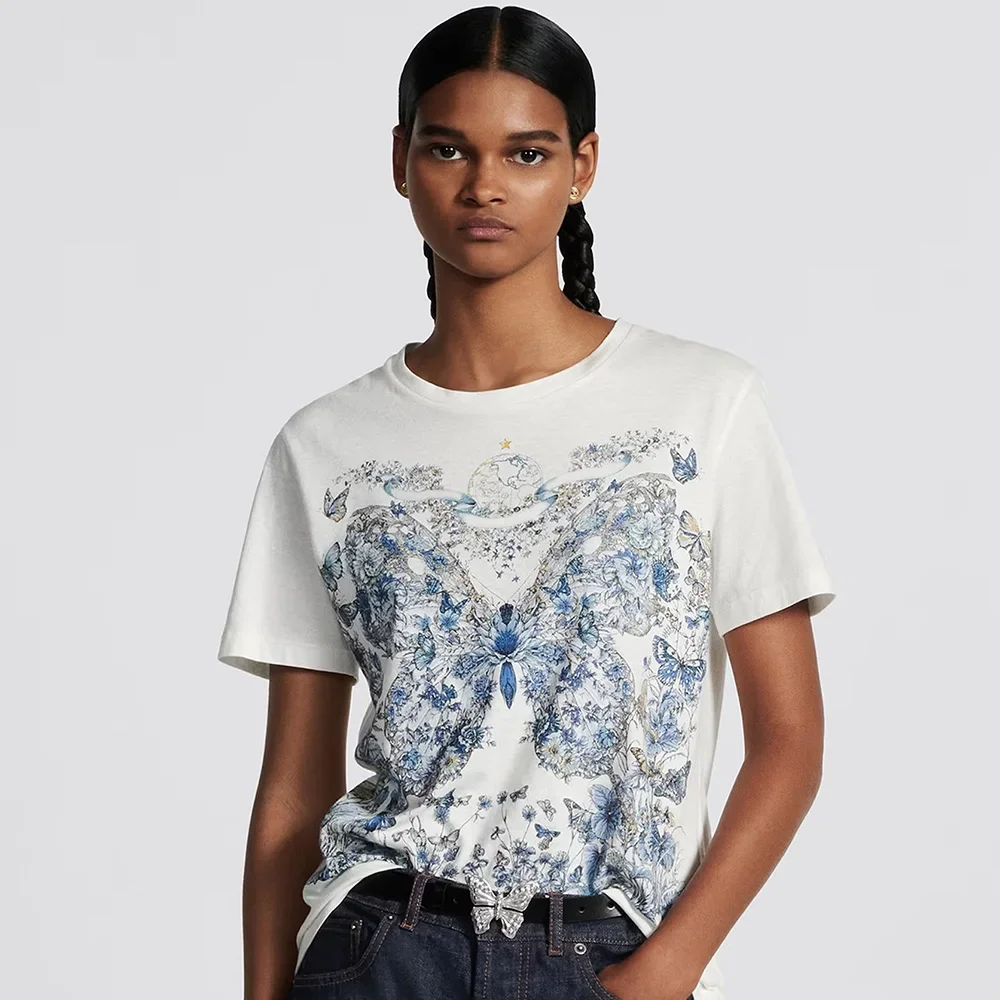 

NIGO Women's Summer Blue Butterfly Printed Fitted Cotton Round Neck Short Sleeve T-Shirt Ngvp #nigo7237