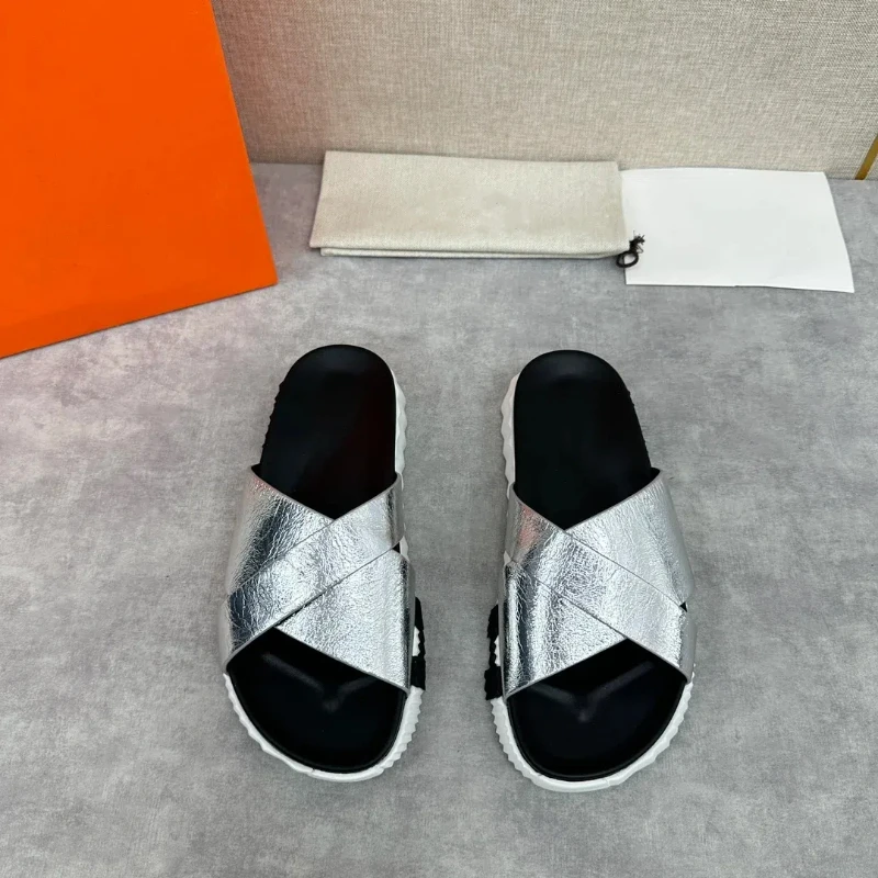 

HMS 24ss High Street Men's Fashion Cowhide Leather Casual Sandals Slippers Cross Leather Slippers Street Y2k Men's Shoes