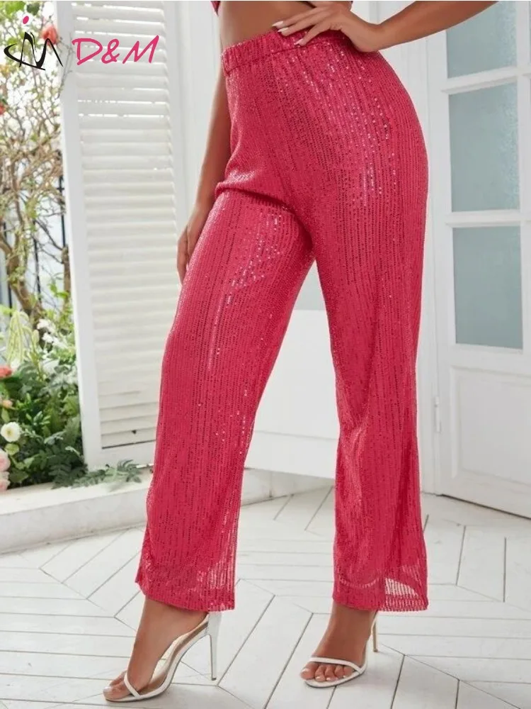 D&M Brand Women's Pants Pink Red Sequin High Waist Straight Pantalones De Mujer Luxury Elegant Y2k Pants Ropa Para Mujer