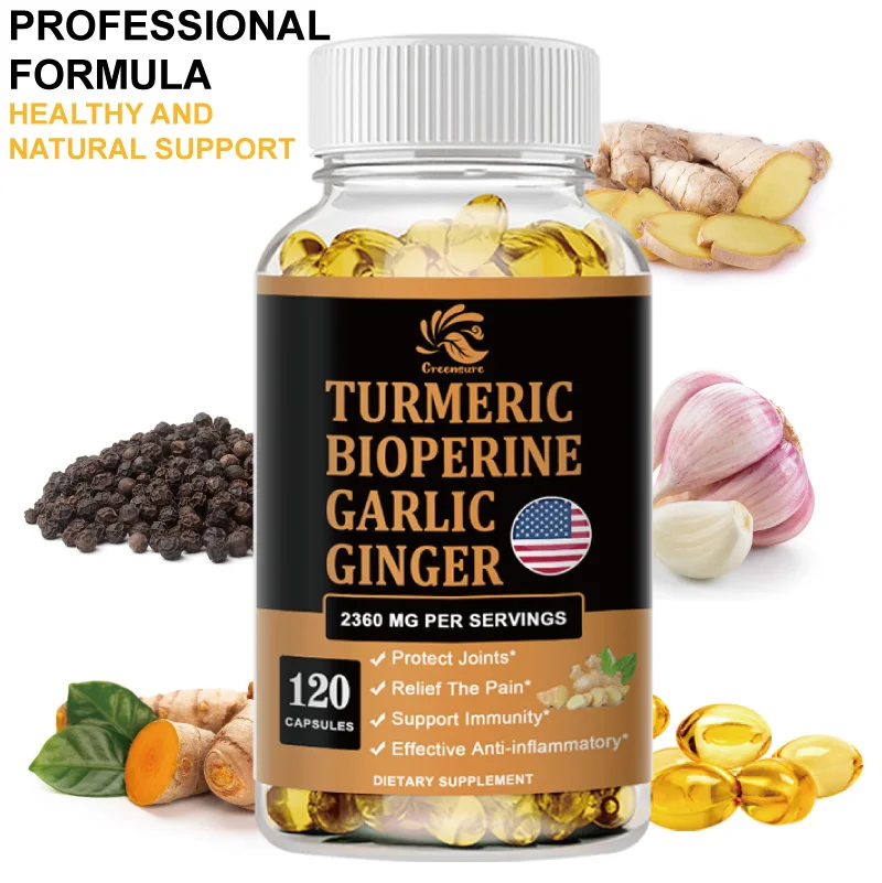 Curcumin, Ginger Root, Garlic Pills, Black Pepper Supplements - for Joint, Digestion & Immune Support