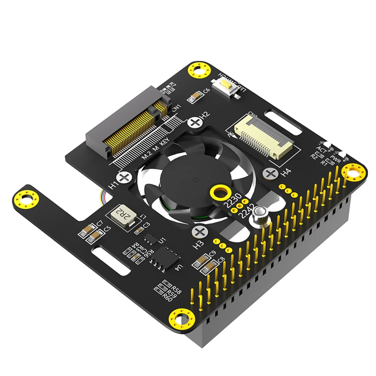라즈베리 파이 5 블랙용 콤보 M.2 NVMe-PCIe 어댑터, 쿨러 선풍기 및 자동 변색 LED 포함, 3 in 1