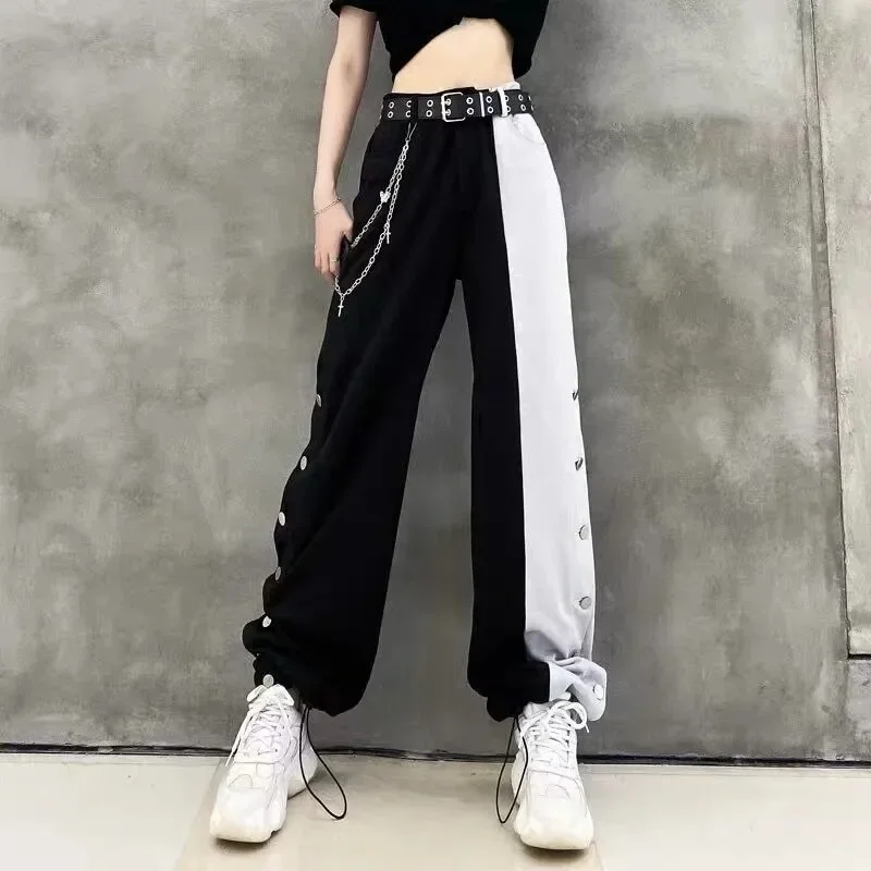 Women Elastic Waist Wide Leg Korean High Street Pants 2024 New Fashion Contrast Cargo Pants Female Plus Size Trousers Popular