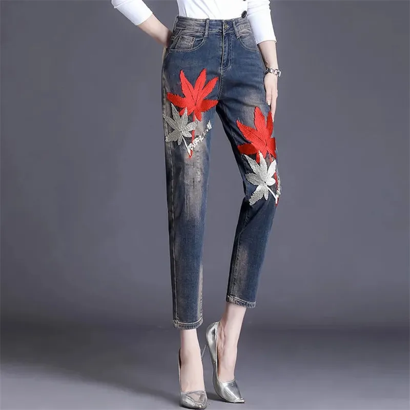 

Embroidery Harun Jeans Female 2023 Autumn New High-Waisted Fashion Loose Thin Everything With Small Feet Pants Woman Clothing