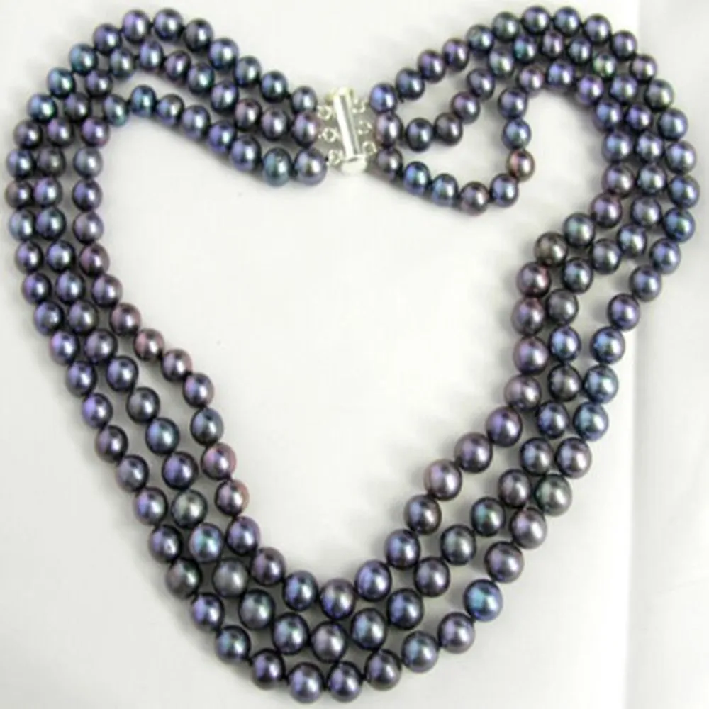 

Hand knotted 3 row necklace natural 7-8mm black freshwater sweater chain nearly round pearl 17-19inch